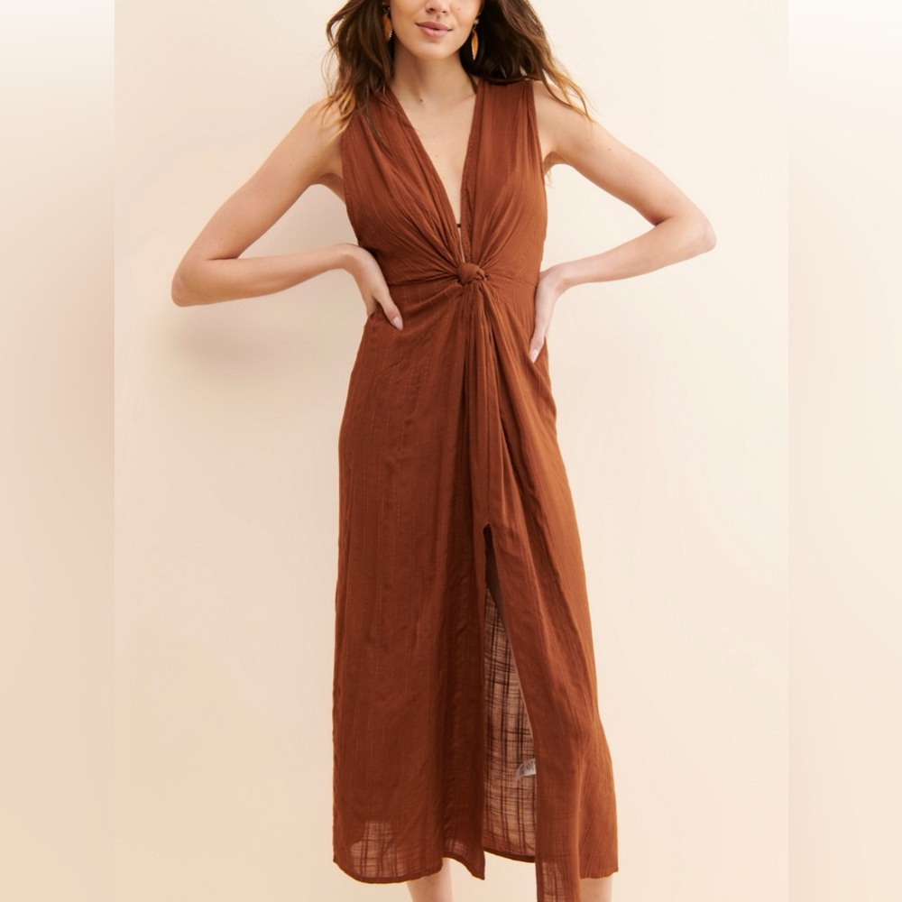 L Space Women’s Brown Down The Line Tie Front Coverup Midi Dress. Size M